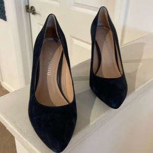 Franco Sarto Navy Suede Leather Round Slip-On High Heel Dress Shoe
